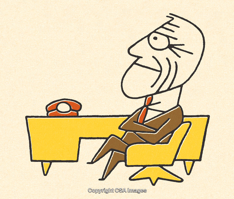 Cartoon of a Businessman Sitting at a Desk with a Vintage Telephone