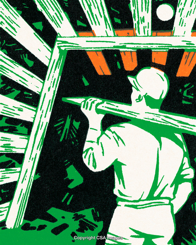 Worker in Green Overalls Holding Plank in Illustration Style Portrait