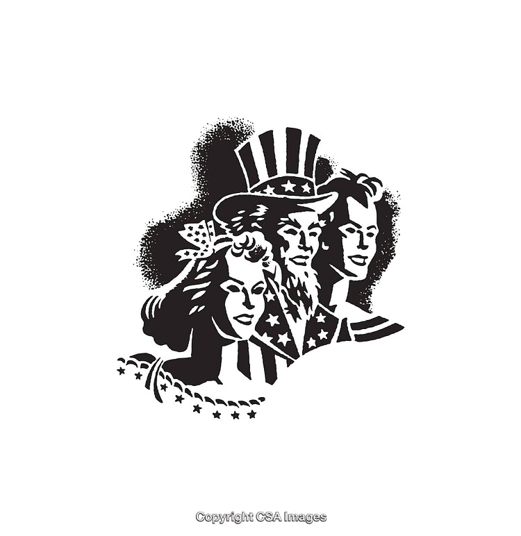 Patriotic Line Art Faces with American Symbols in Black and White