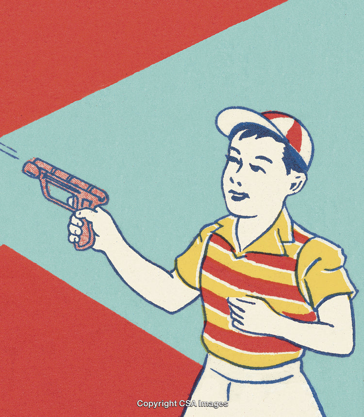 Retro-Styled Illustration of a Playful Child With Toy Laser Gun and Bright Colors
