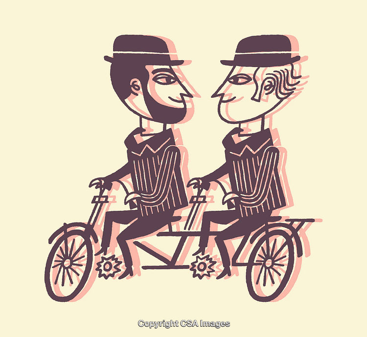 Stylized Illustration of Two Men Riding a Tandem Bicycle Together