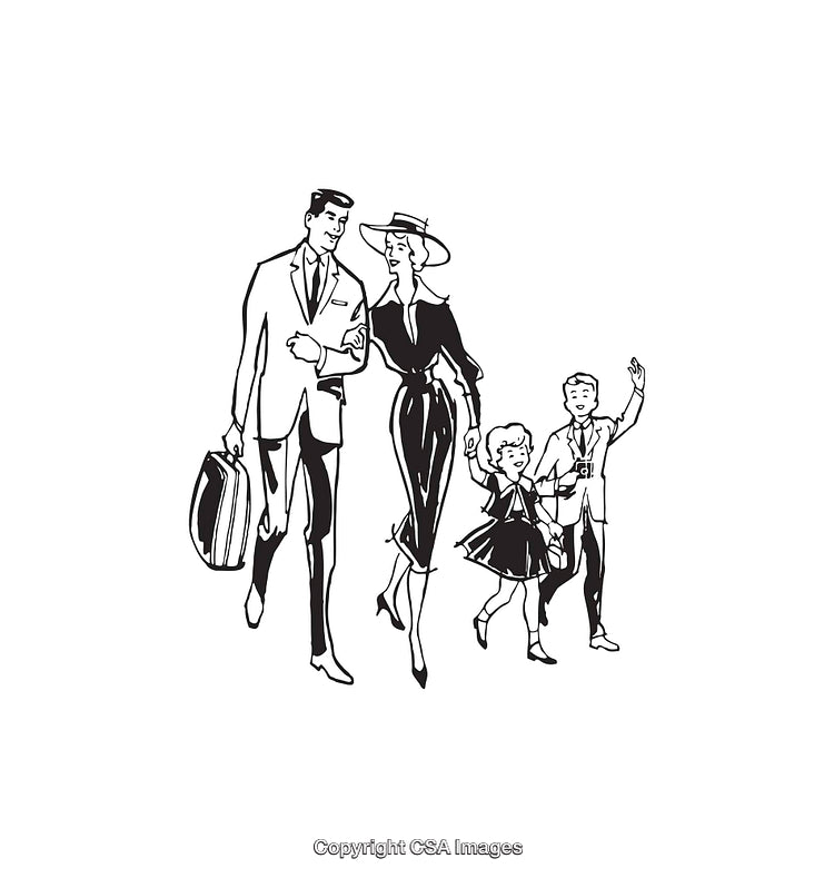 Elegant Family Strolling in Classic Fashion Line Art Illustration
