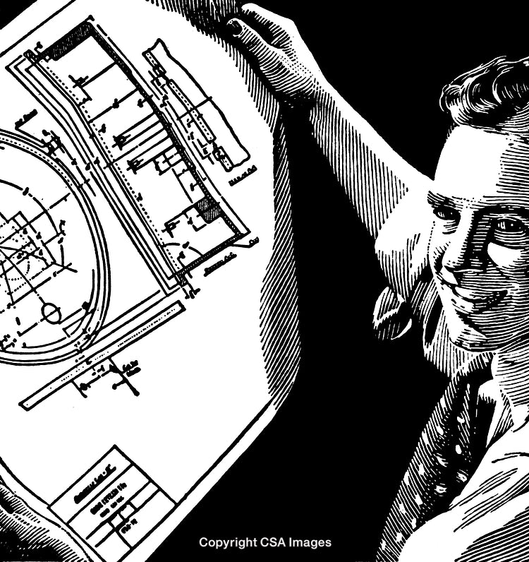 Architect Holding Detailed Blueprint Design in Engraved Black and White Style