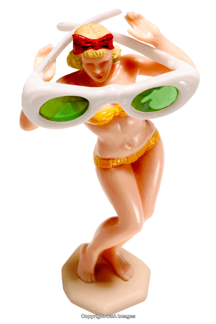 Vintage Figurine of a Woman Holding Oversized Green Lens Glasses