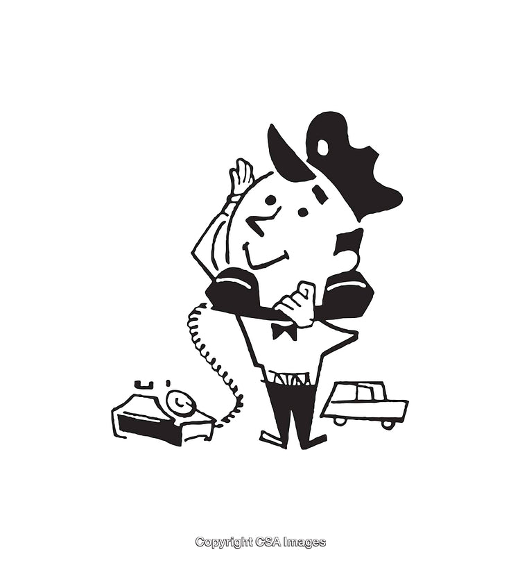 Retro Black and White Drawing of a Man Using a Landline Phone
