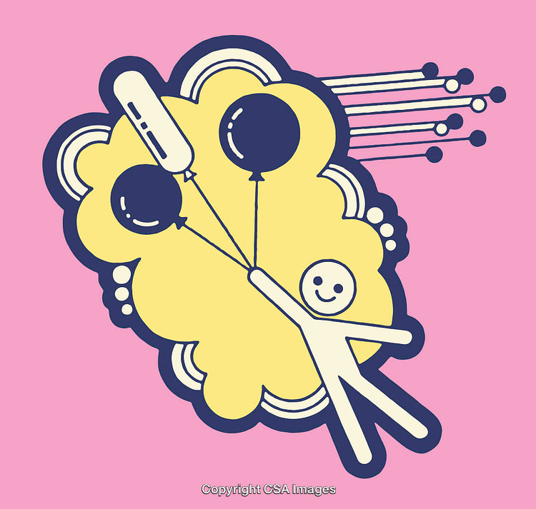 Whimsical Character Floating With Balloons in Doodle Line Art Style