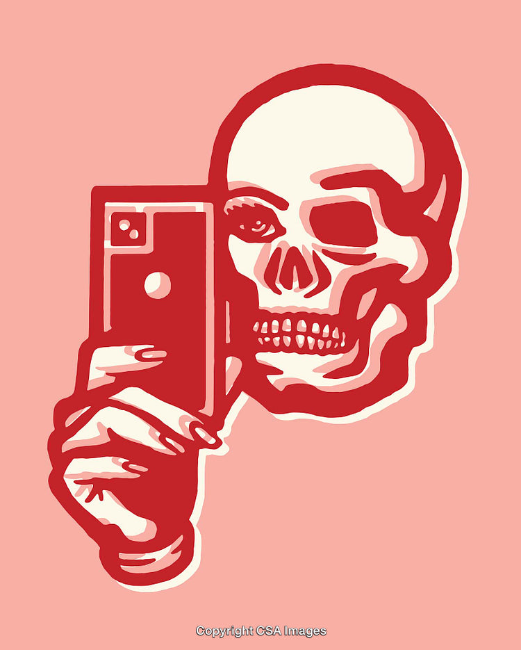 Surreal Skull Illustration Holding Smartphone in Bold Red and Pink Colors