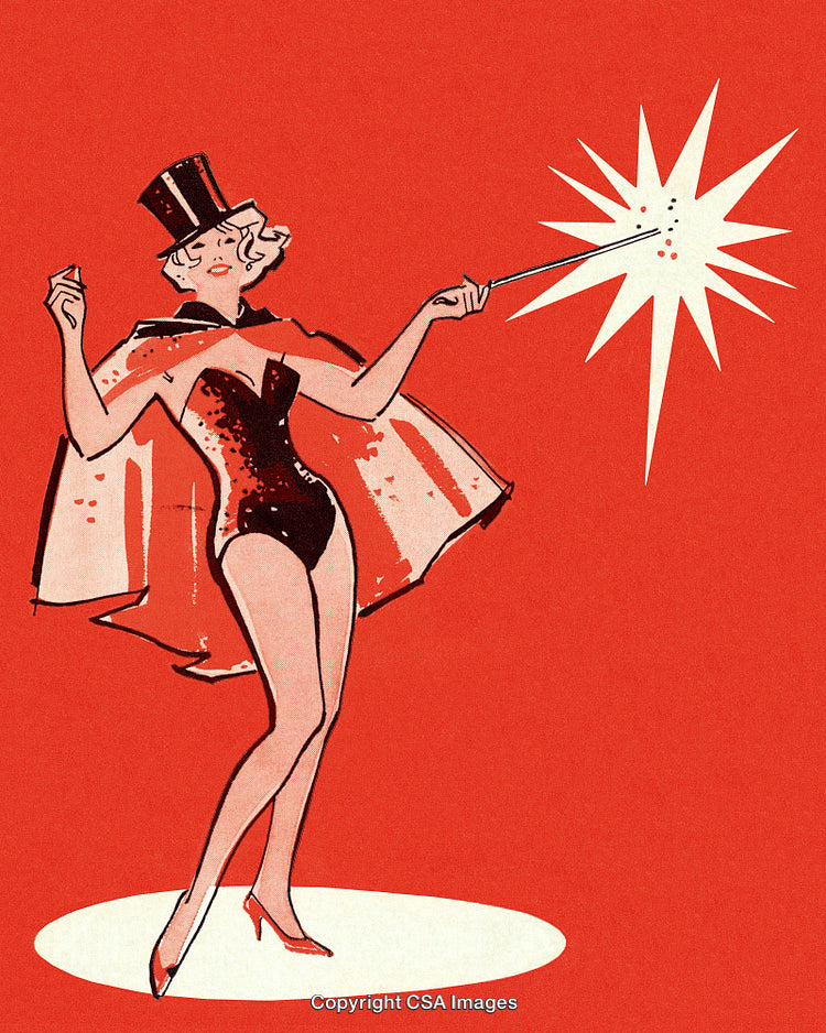 Vintage Illustration of a Magician Woman in Costume Holding a Sparkling Wand