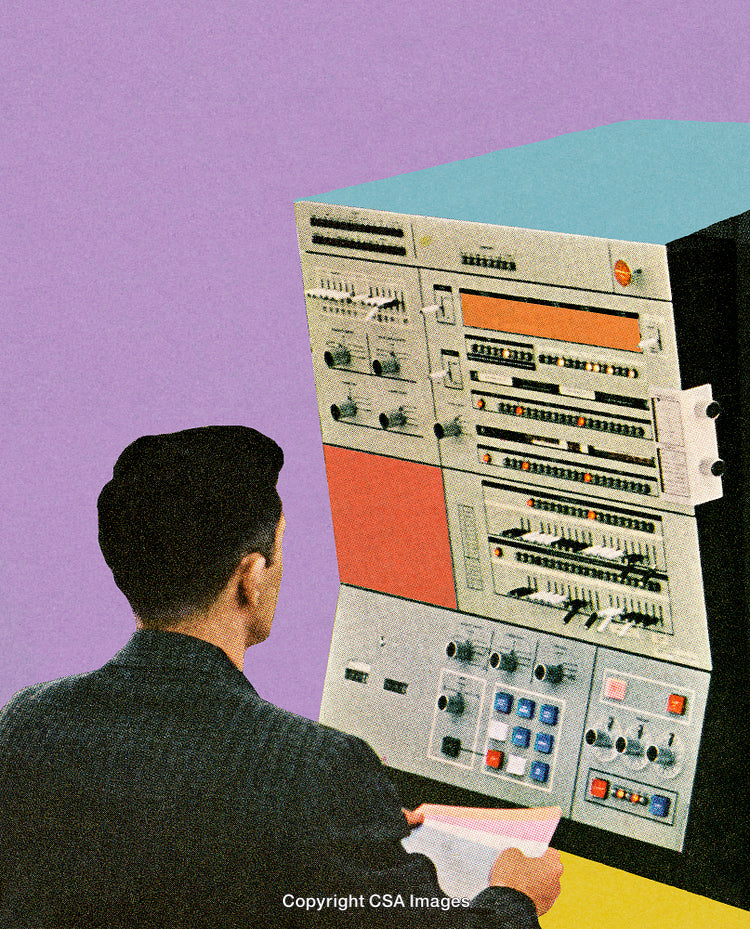 Man Operating Retro Computing Equipment Against a Colorful Vivid Background