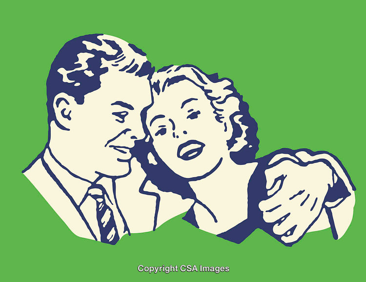 Vintage Line Art Illustration of a Happy Couple on a Green Background