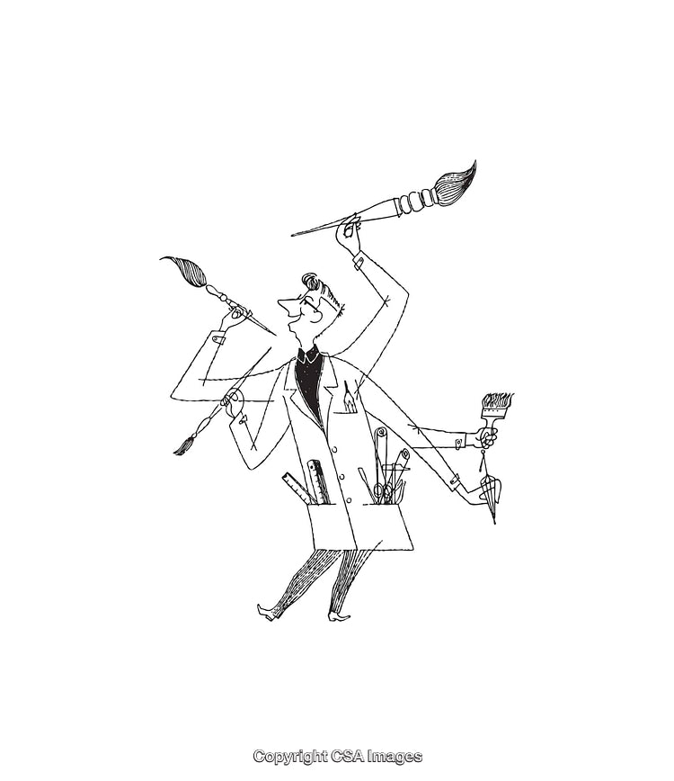 Creative Multitasking Artist Holding Art Supplies in Black and White Illustration