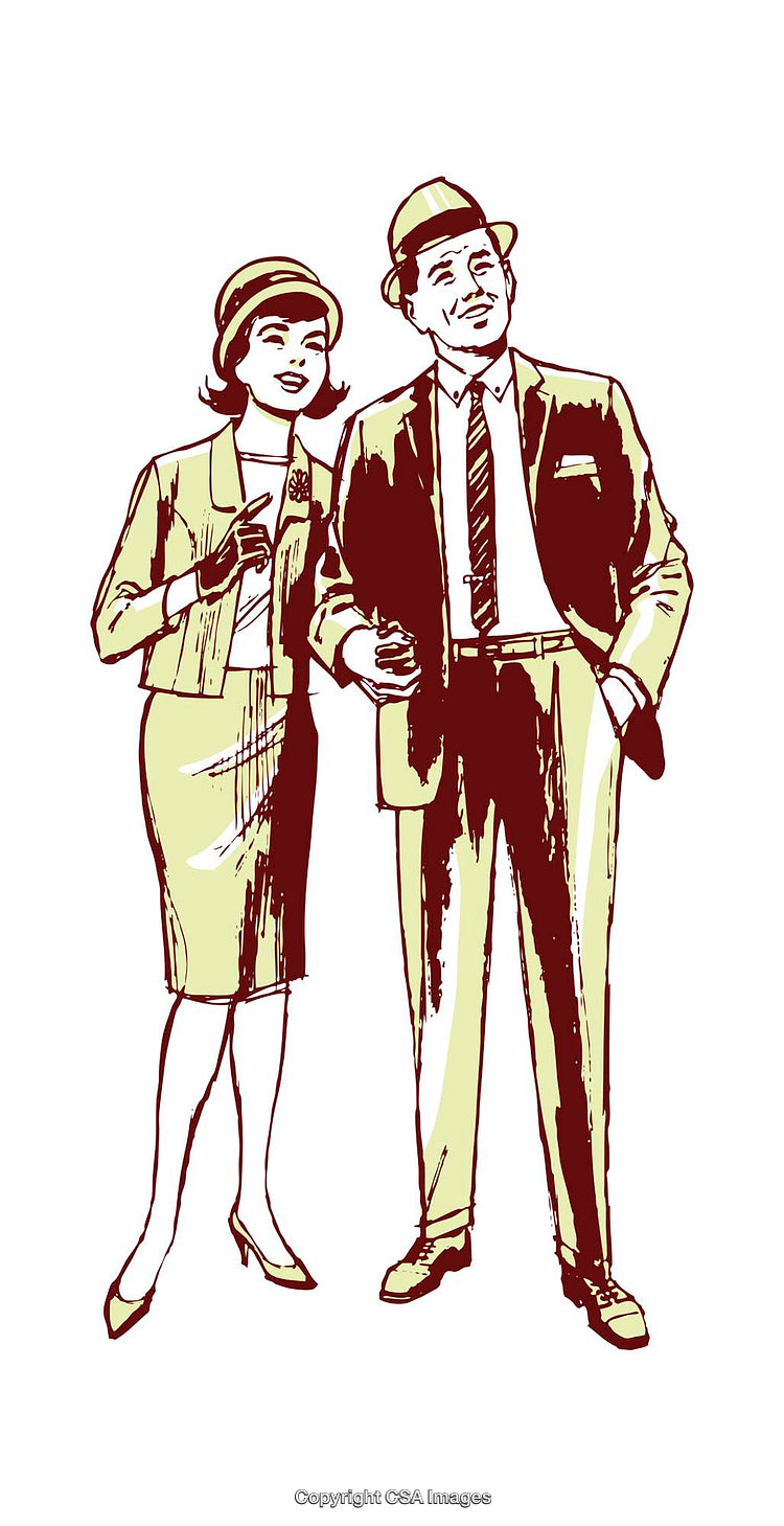 Retro Styled Illustration of a Smiling Couple in Vintage Attire