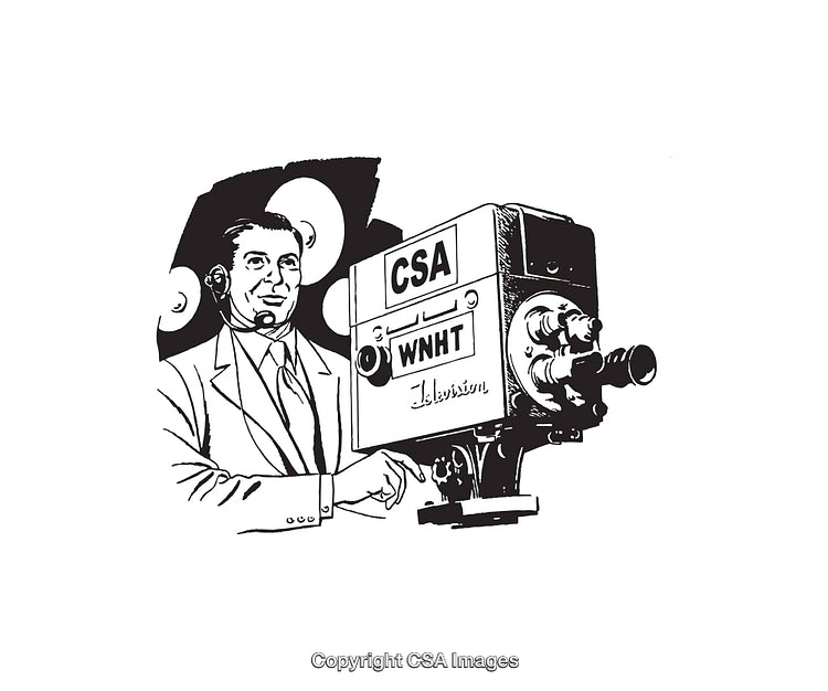 Vintage Line Art of TV Broadcaster Operating Retro Studio Camera Setup