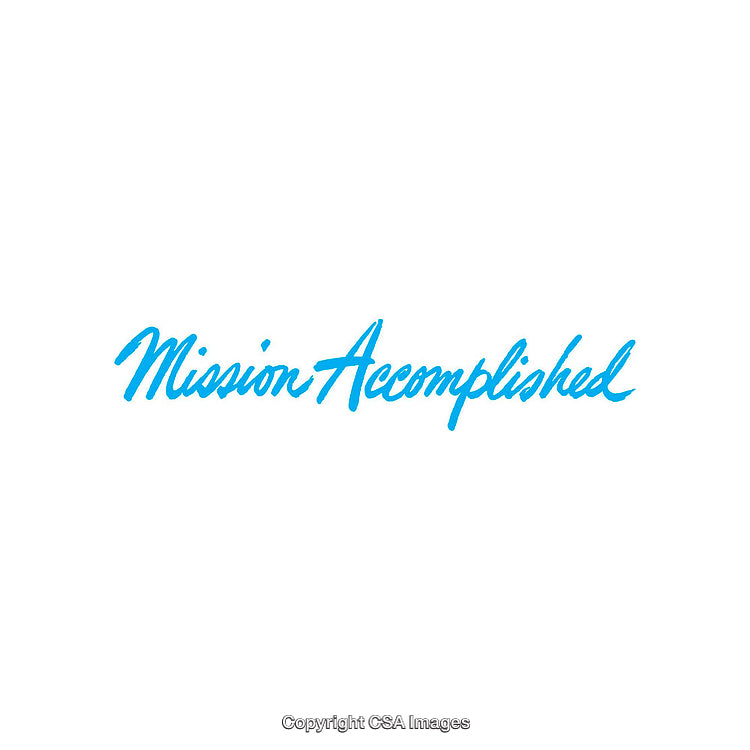 Blue Handwritten Text of Mission Accomplished on White Background