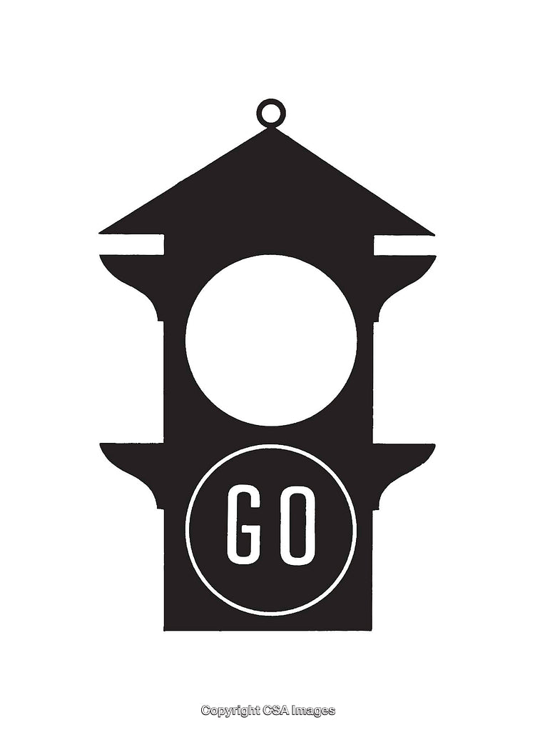 Black and White Traffic Signal Illustration With Circular 'Go' Text