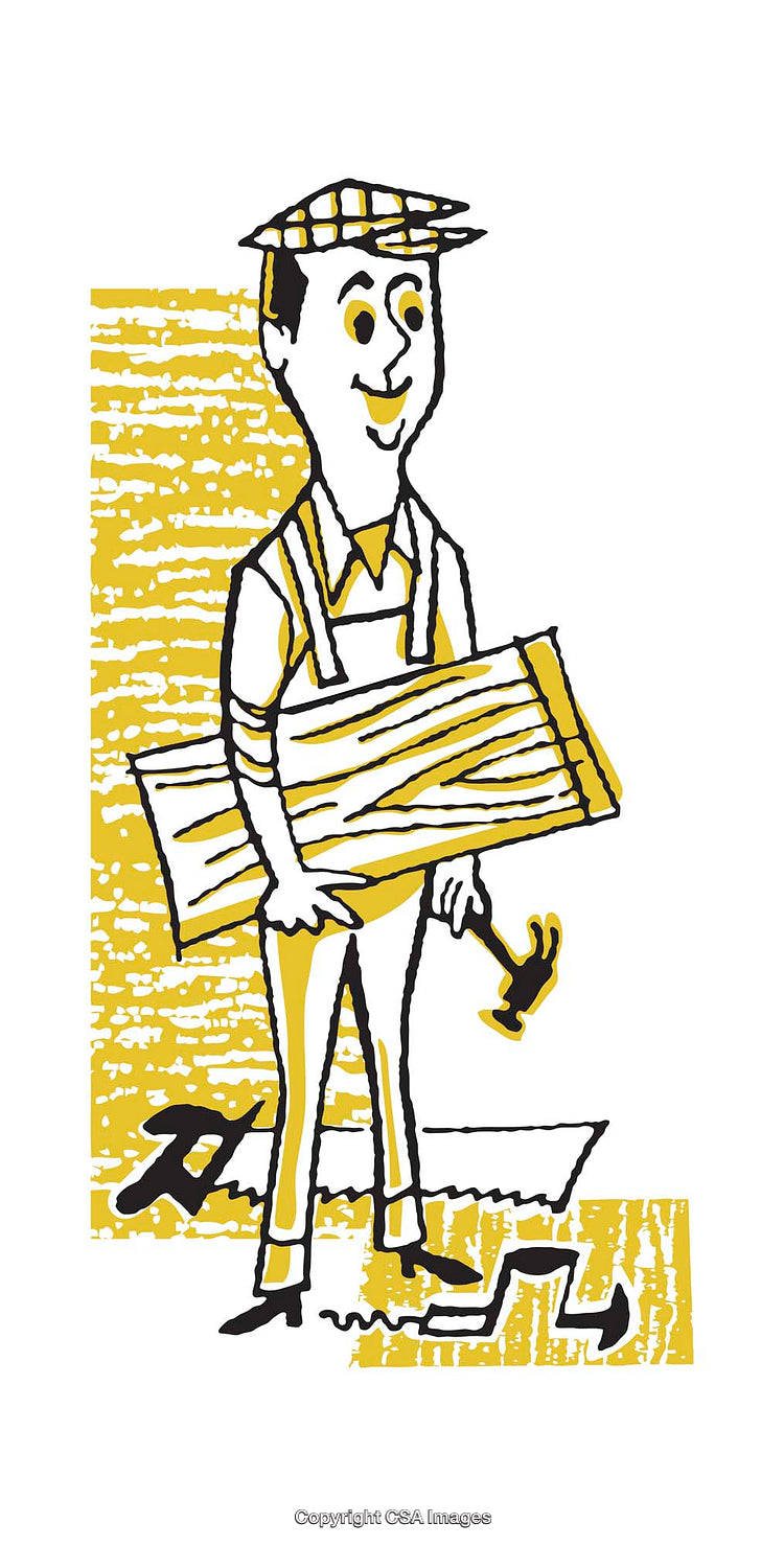 Playful Cartoon Illustration of Worker Holding Materials with Tools in Background