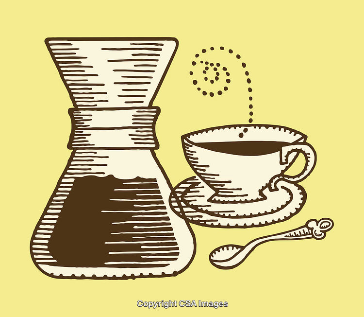 Vintage Line Art Illustration of Coffee Sets on Yellow Background