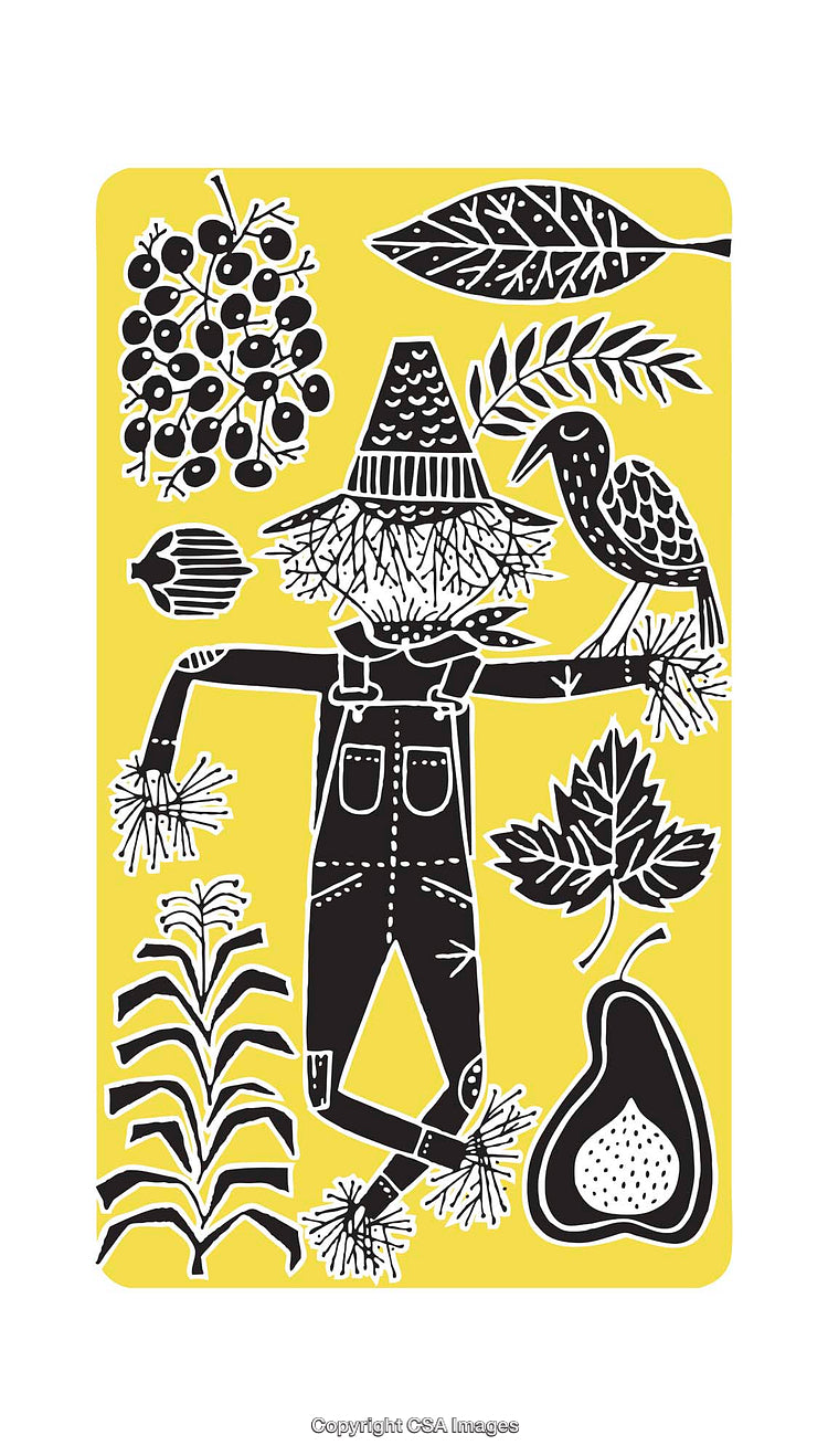 Colorful Illustration Featuring Scarecrow, Fruits, Plants, and Nature Elements