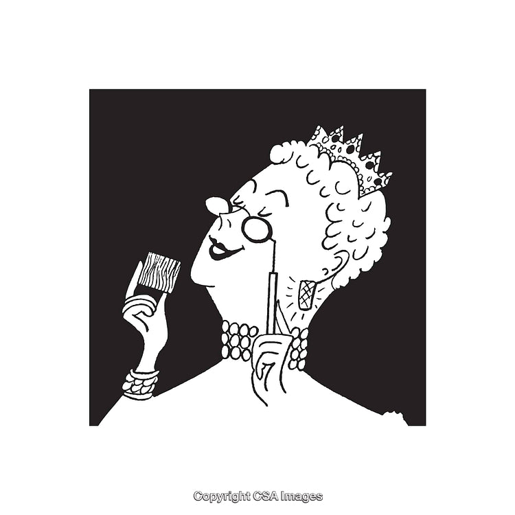 Elegant Royal Lady Holding Comb and Monocle in Vintage Line Art