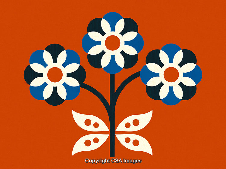 Retro Floral Illustration with Stylized Flowers on an Orange Background