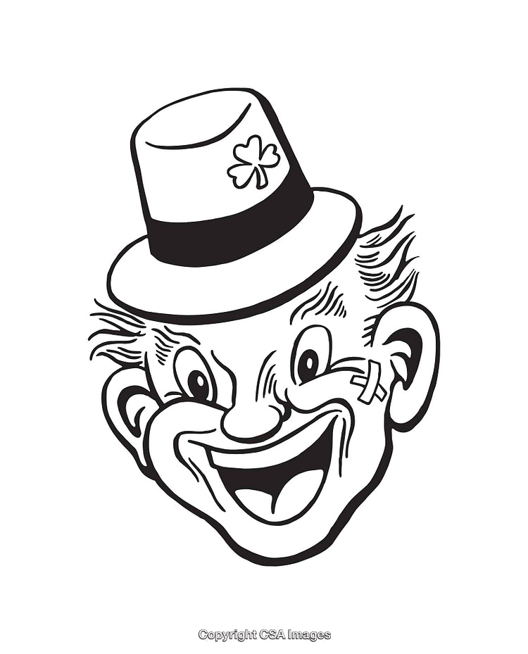 Smiling Cartoon Leprechaun Face with Hat and Shamrock Line Art
