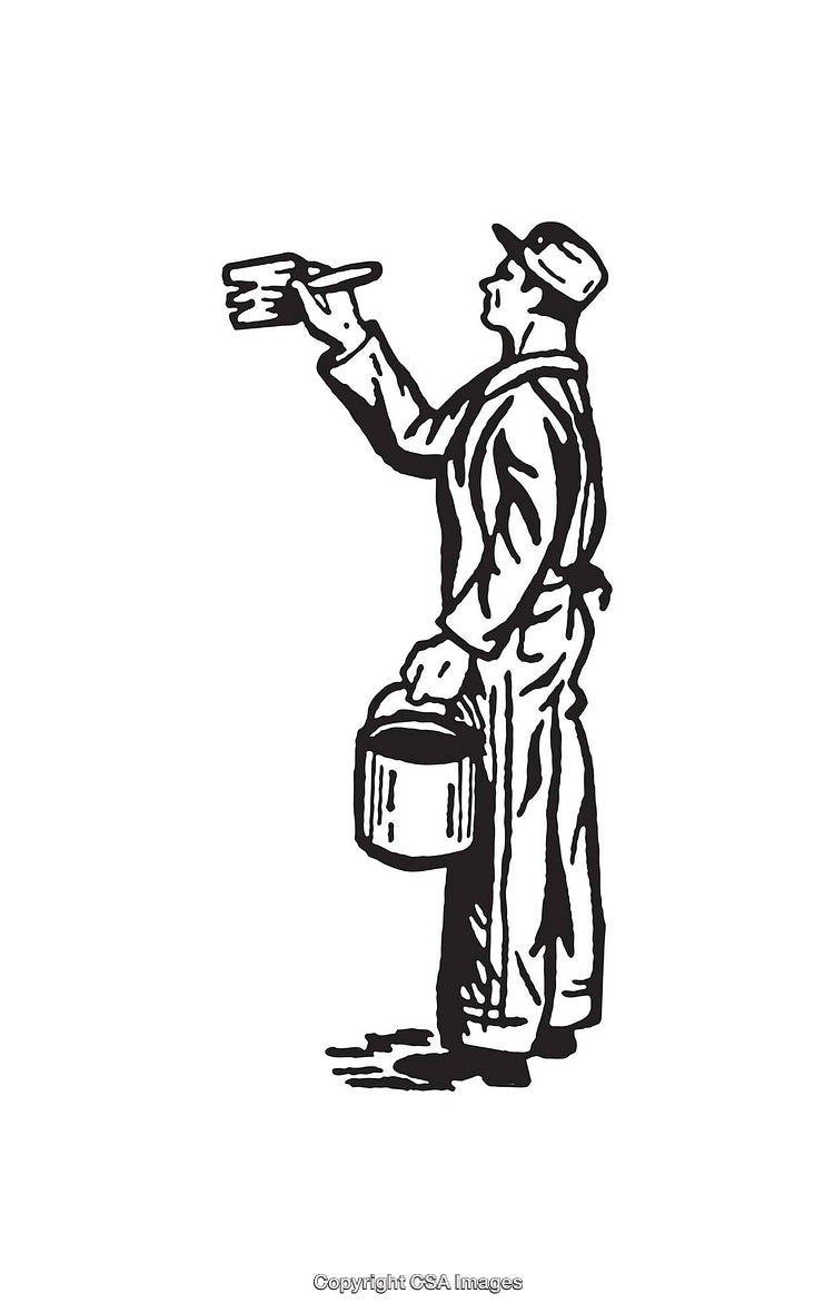 Black and White Line Art of a Painter at Work with Paint Bucket