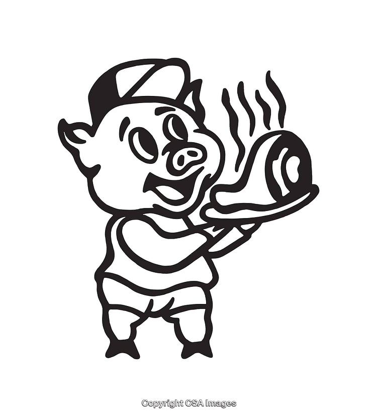 Charming Black and White Line Art Pig Serving a Steaming Dish