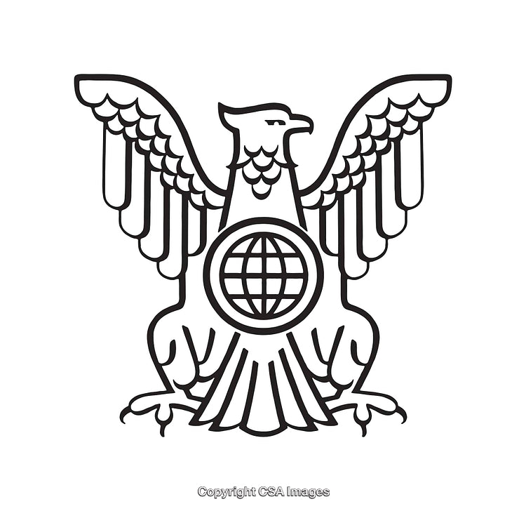Black and White Line Art of an Eagle With Globe Motif