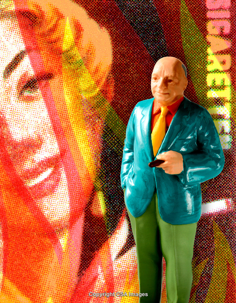 Plastic Business Figure Against a Vibrant Retro Art Background