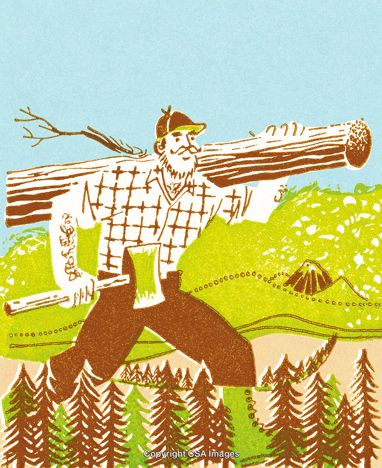 Vintage Illustration of Lumberjack Carrying Logs Through a Forest Landscape