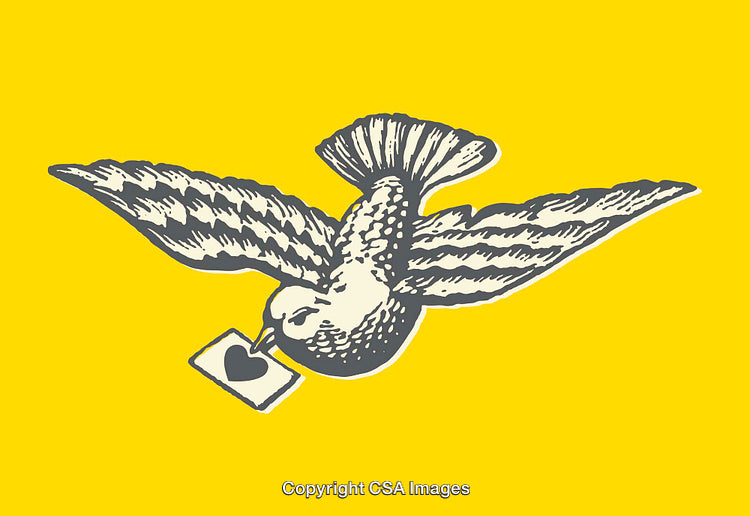 Illustrated Dove Carrying A Heart Symbol Message on Yellow Background
