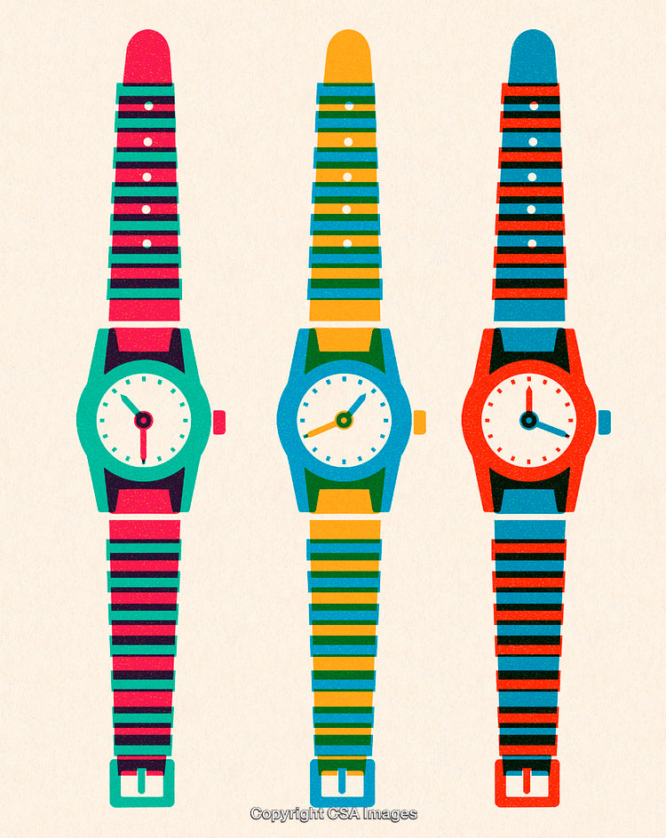 Colorful Graphic Design Featuring Three Watches With Striped Bands and Unique Styles