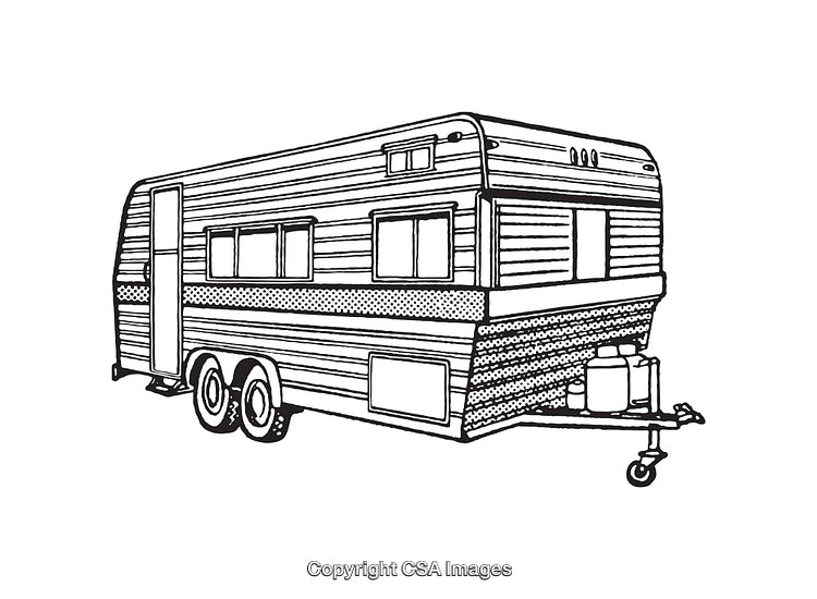 Detailed Black and White Line Art of a Camper Trailer