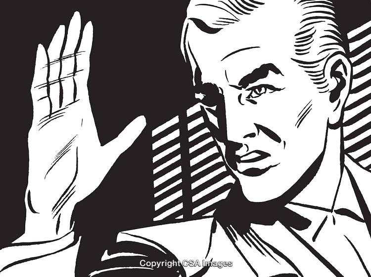 Retro Comic Illustration of Man Gesturing With Raised Hand in Monochrome Style