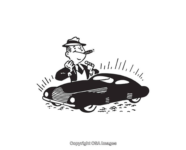 Retro Line Art Illustration of a Man and Vintage Car