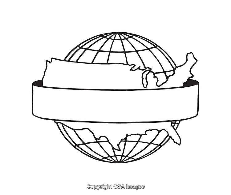 Black and White Line Art of USA Map on Globe with Banner