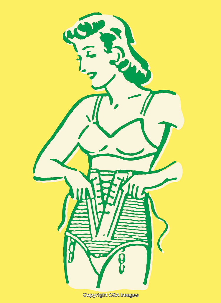 Retro Illustration of a Woman Wearing and Adjusting a Corset on Yellow Background