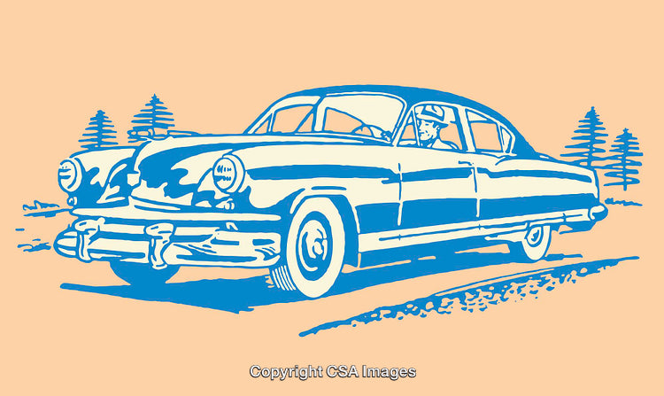 Retro Style Illustration of a Vintage Classic Car in Blue and Beige