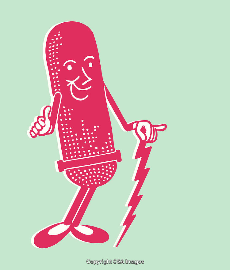 Retro Styled Line Art of Smiling Pill Character Holding Electric Bolt