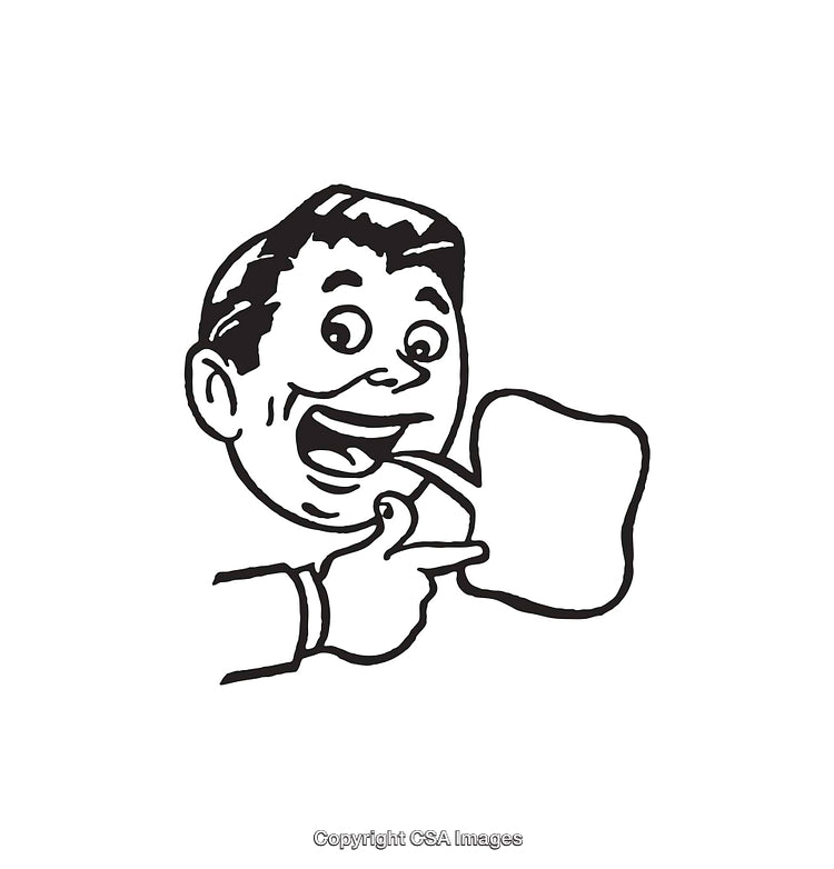Black and White Retro Illustration of a Smiling Character With Text Cloud