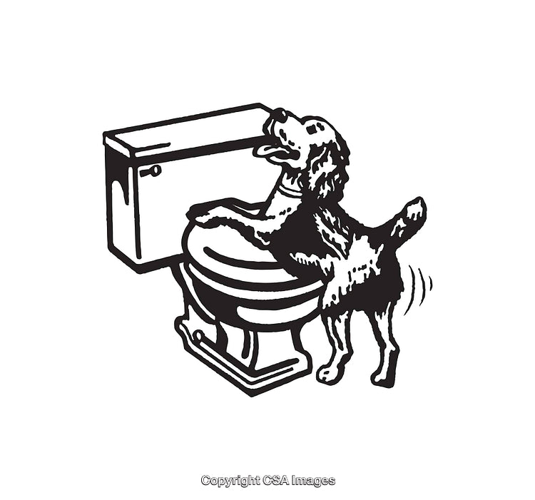 Playful Dog Reaching Toilet in Whimsical Black and White Illustration
