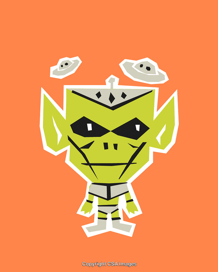 Cartoon Alien Character Illustration with Spaceships and Playful Theme