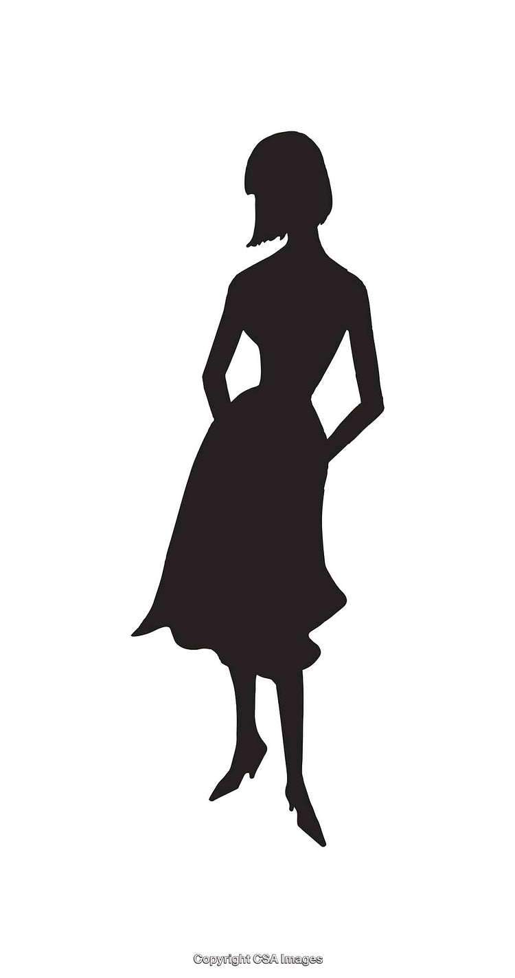 Silhouette of Woman in Dress with Elegant Stance on White Background