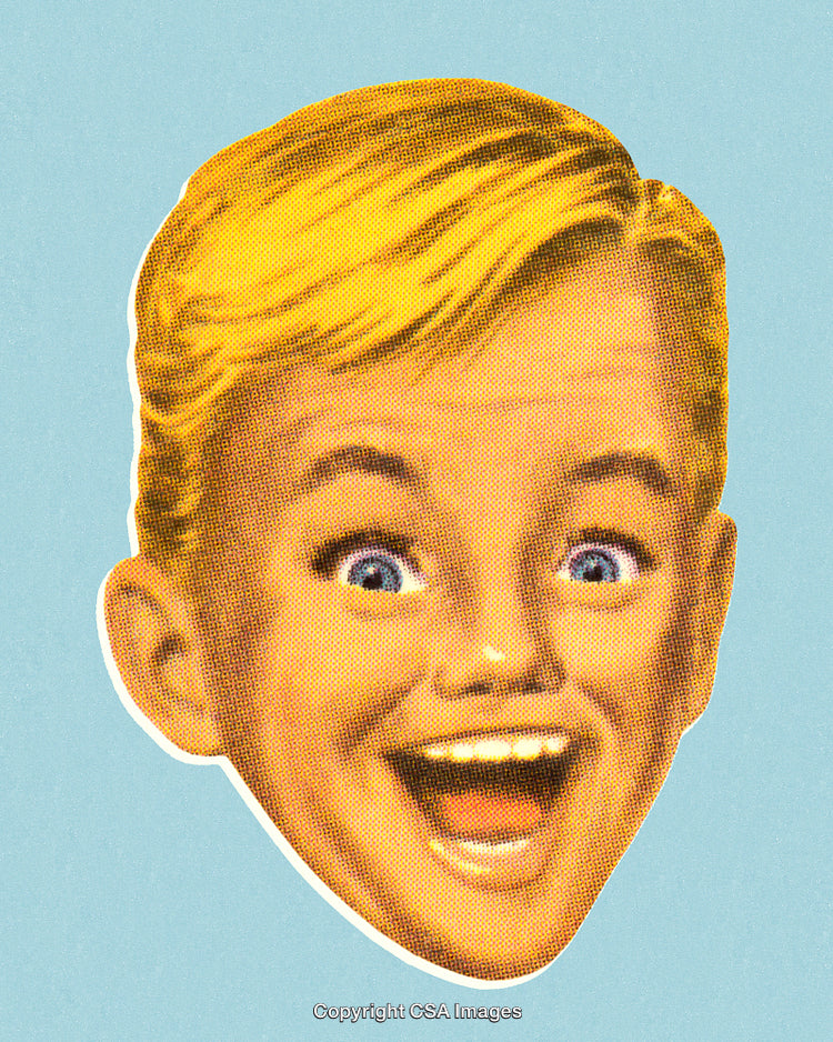 Vintage Illustration of Smiling Child with Vibrant Expression on Blue Background