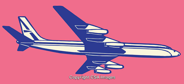 Retro Styled Airline Illustration Depicting Airplane in Blue with Pink Background
