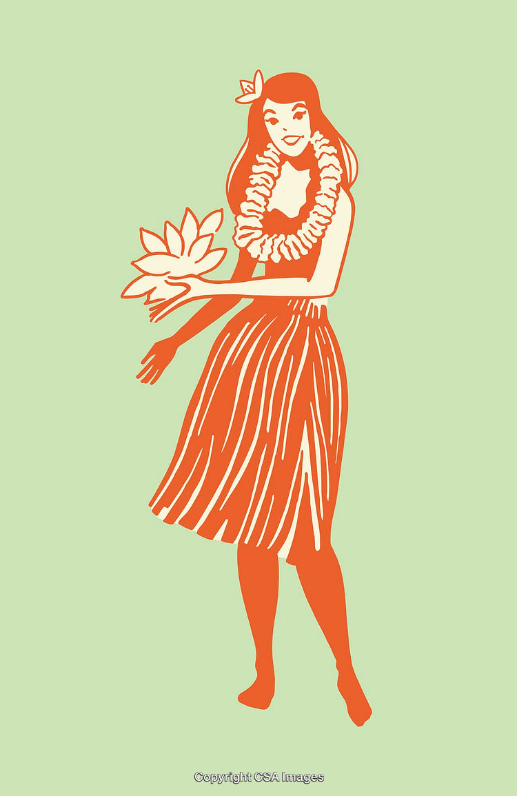Colorful Illustration of a Hula Dancer Holding a Flower on Green Background