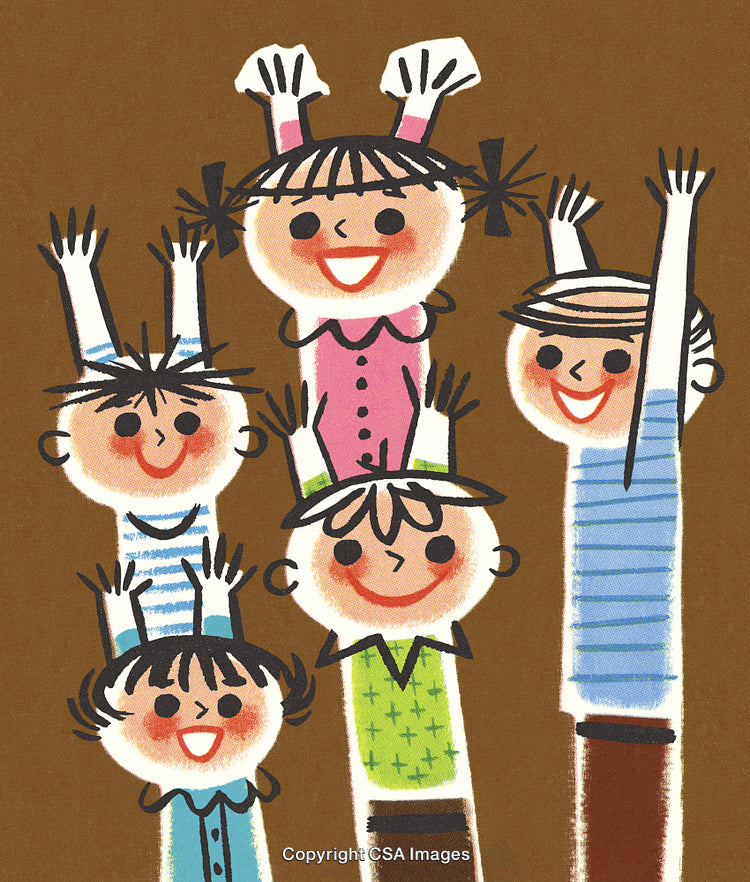 Colorful Illustration of Smiling Happy Kids With Raised Hands on Brown Background