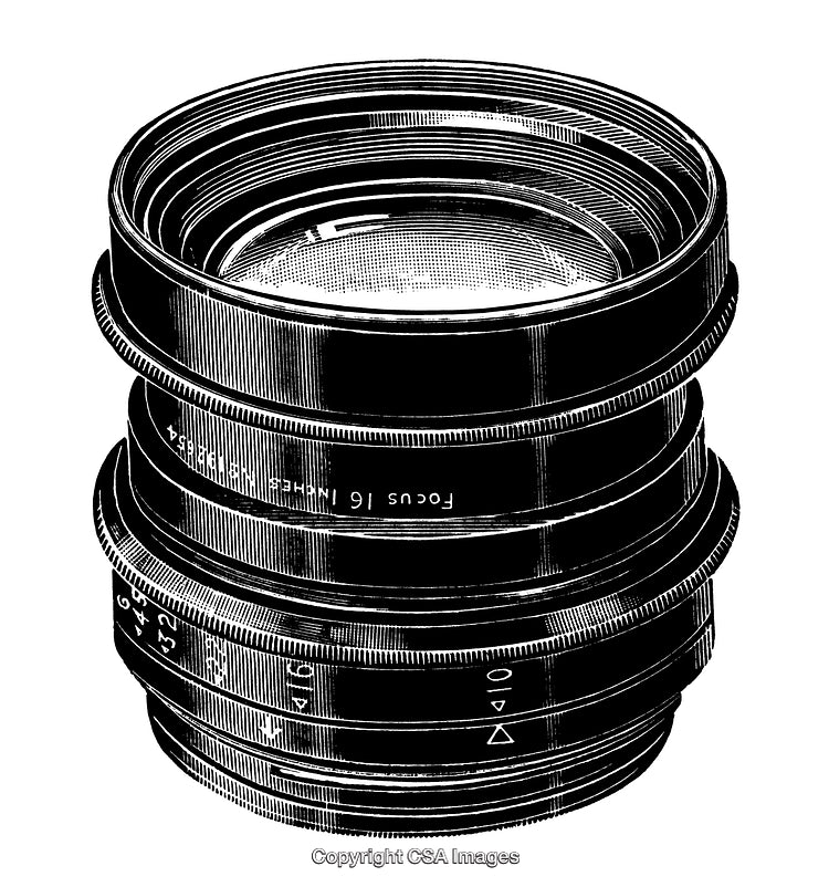 Detailed Black and White Engraving of a Camera Lens