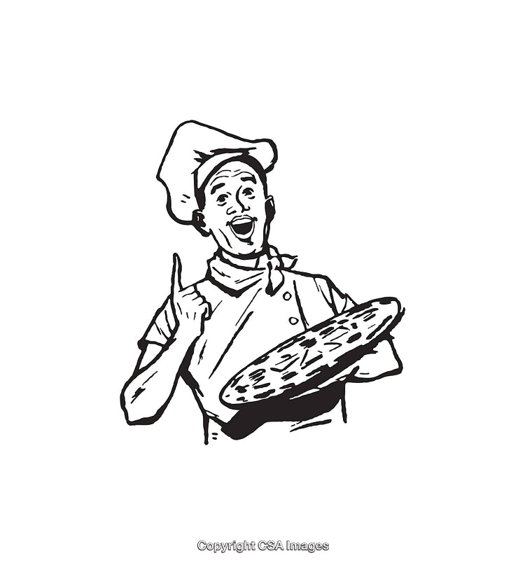 Illustration of Chef Holding a Pizza in Black and White Line Art Style