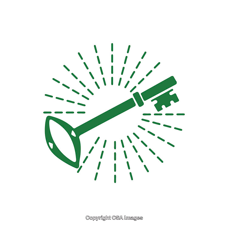 Green Key Icon Highlighted with Radiating Light Beams on White Background